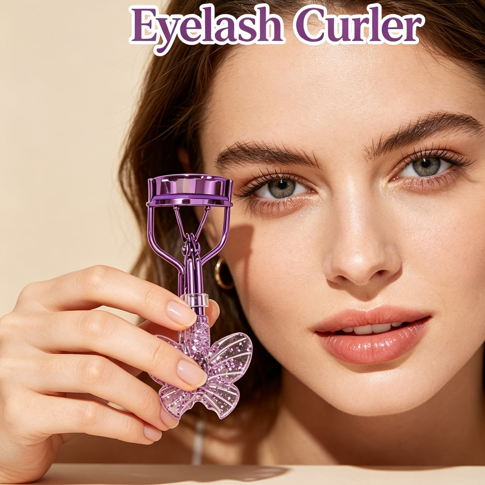Woman holding a purple eyelash curler with a beige background