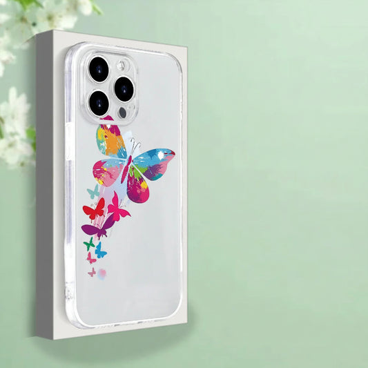 Transparent TPU phone case with colorful butterfly design on a light green background