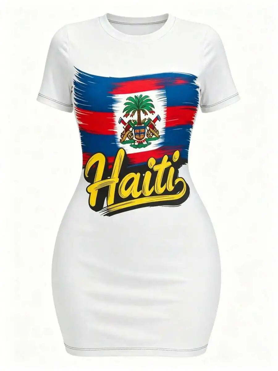 Haitian Flag Print Bodycon  Short Sleeve Dress 2