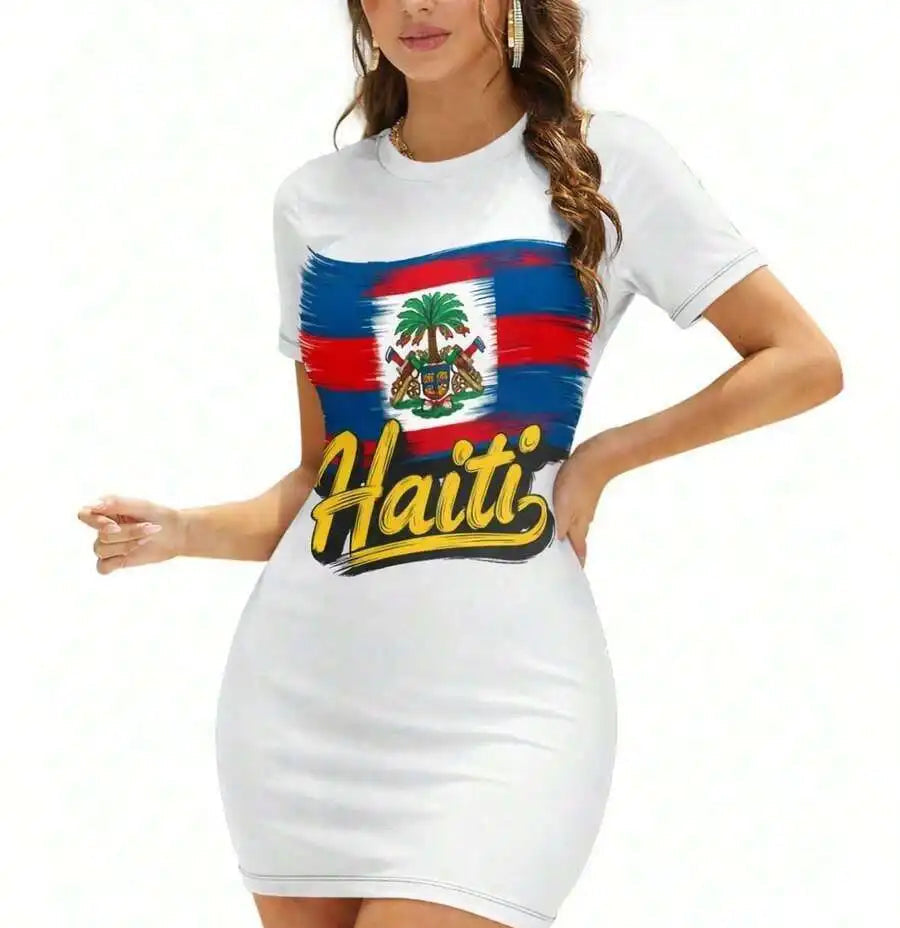 Haitian Flag Print Bodycon  Short Sleeve Dress 3