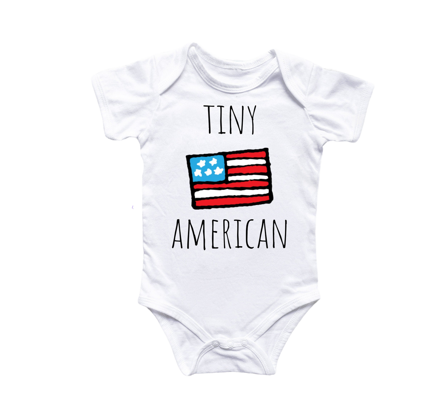 White baby onesie with 'Tiny American' text and small American flag design on a white background