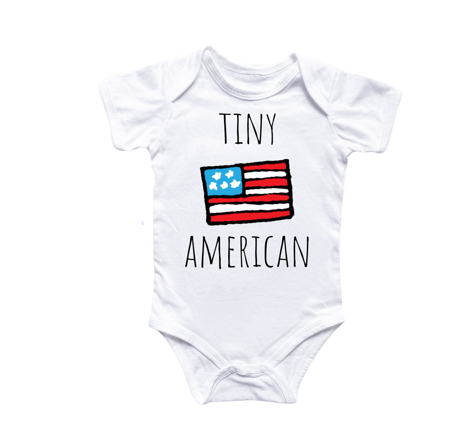 White baby onesie with 'Tiny American' text and small American flag design on a white background