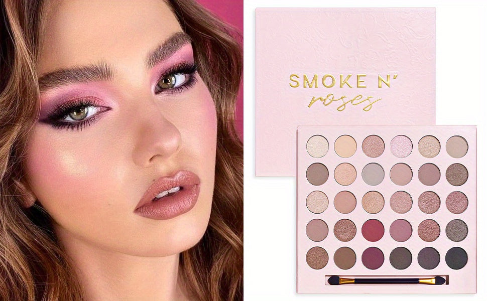 Makeup palette with color swatches and a model wearing pink eye makeup.