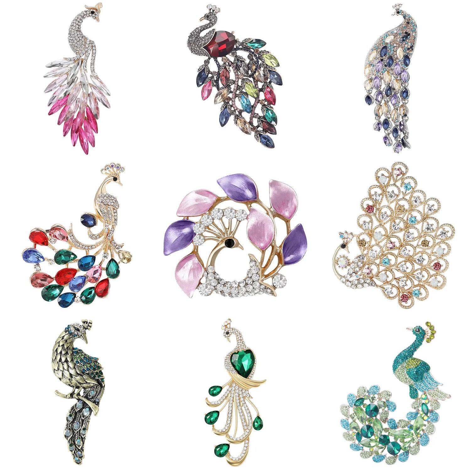 Collection of colorful peacock-shaped brooches on a white background