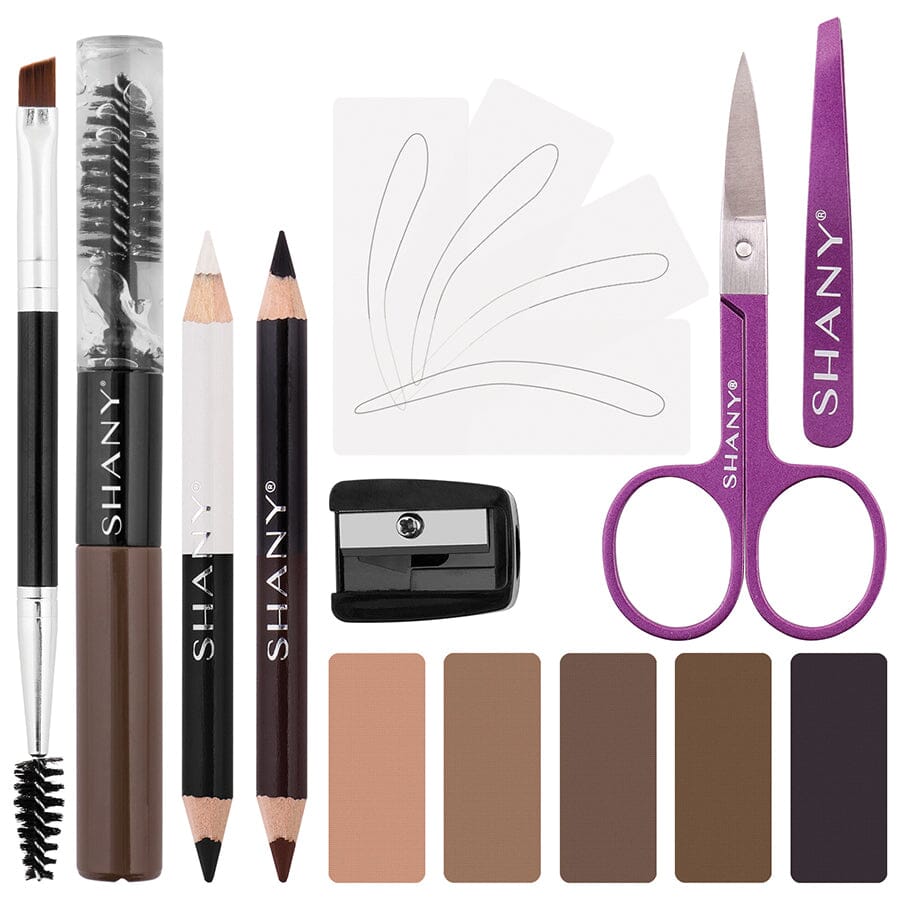 SHANY eyebrow grooming kit with tools and color swatches on a white background
