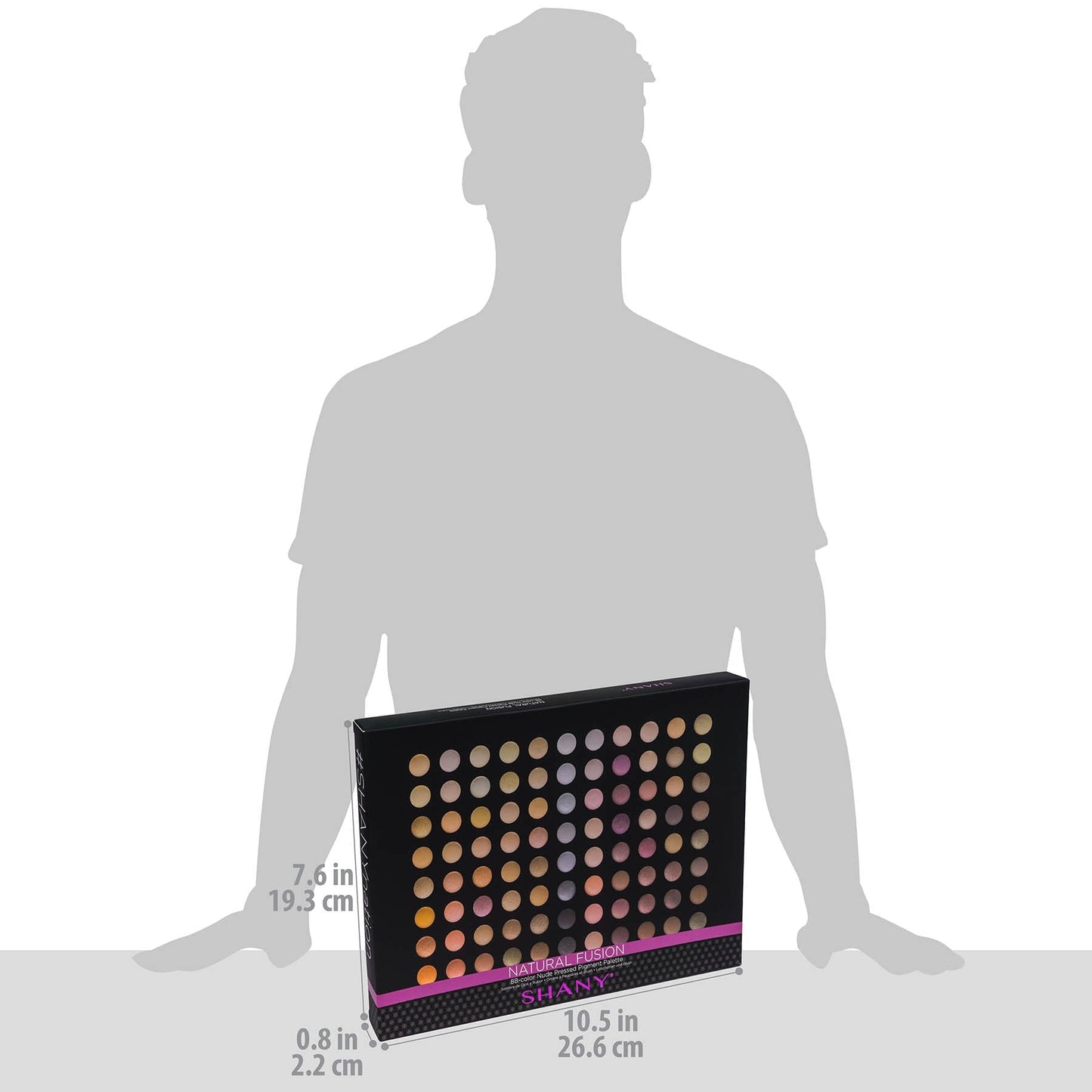 Shiny makeup palette with size measurement against a silhouette of a person